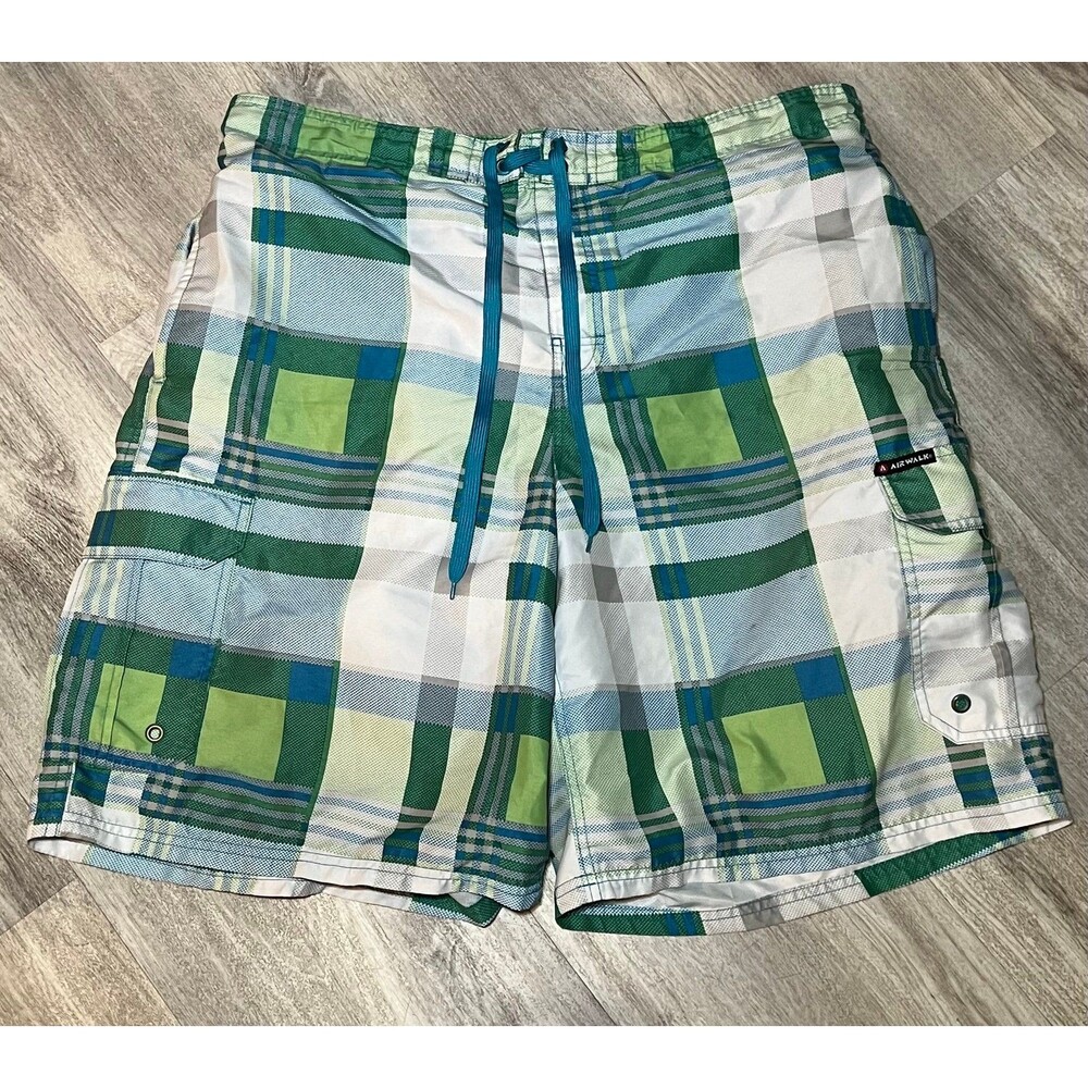 Airwalk Mens‎ Trunks Swim Shorts Green Checkered Drawstring XXL
